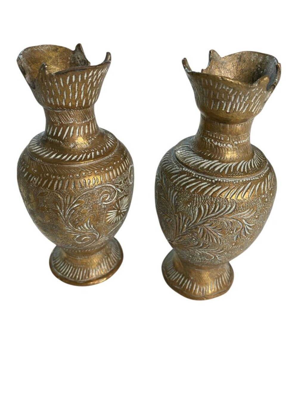 Vintage Brass Bud Vases Set of 2 Etched Floral Indian Vase Small Decorative Pair